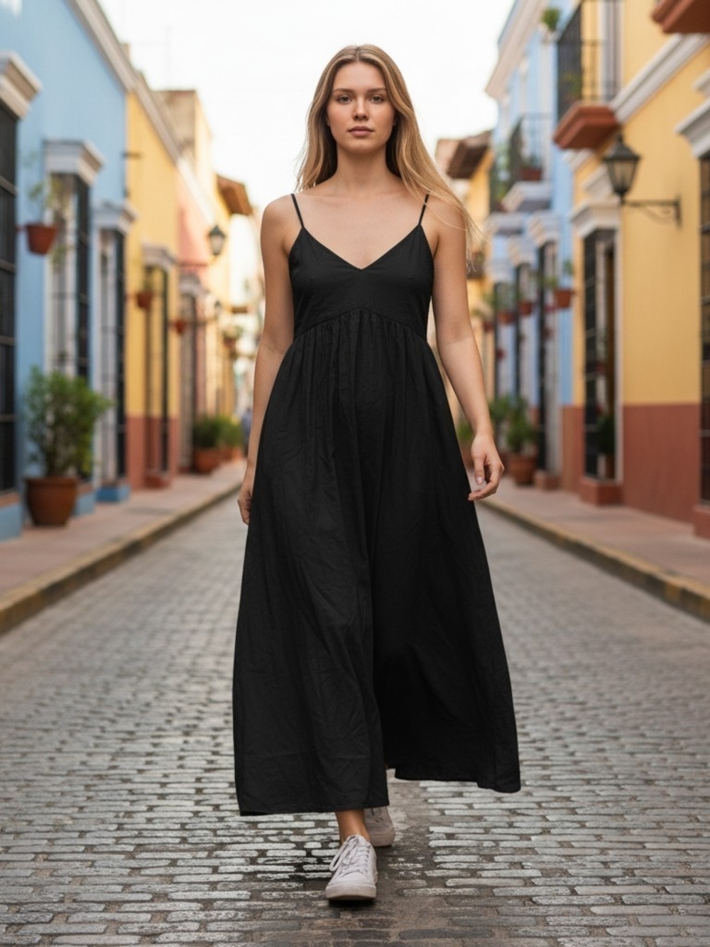 Black Spaghetti-Strap Maxi Dress with Flowing Skirt